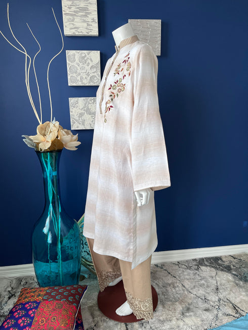 White and Beige Embroidered front Kurti