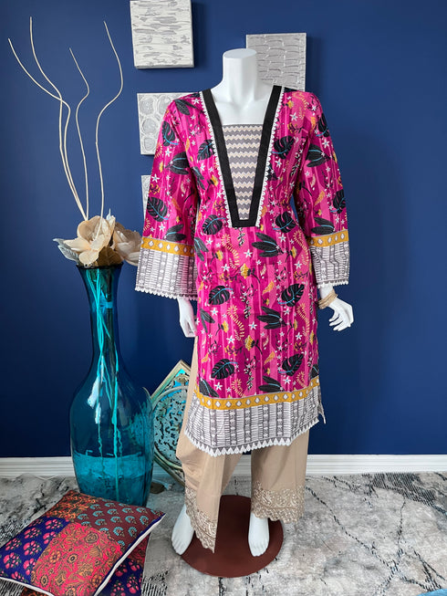 Pink Printed A-line long shirt with lace details on Neckline