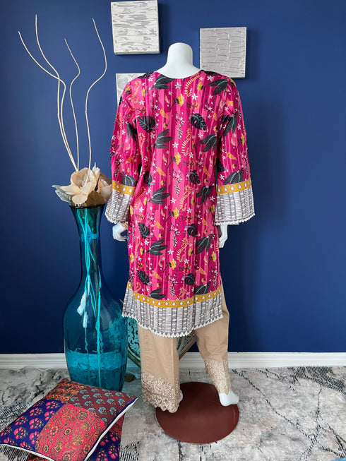 Pink Printed A-line long shirt with lace details on Neckline