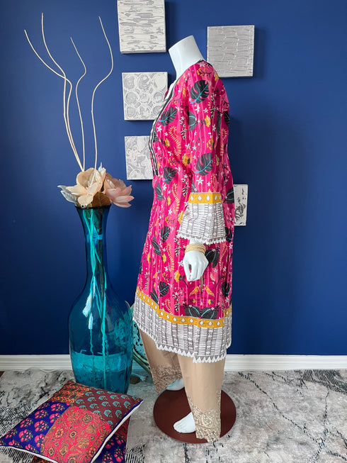 Pink Printed A-line long shirt with lace details on Neckline