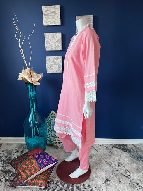 Pink Lace detailing kurti with pants