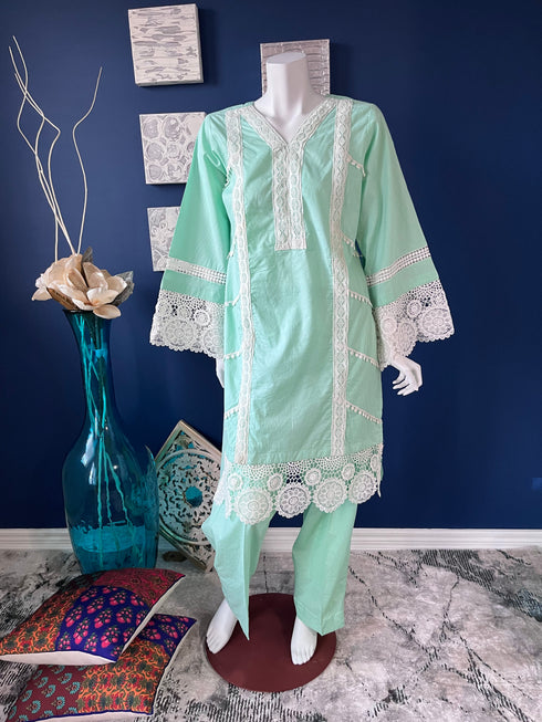 Bright Aquamarine Lace detailing Kurti with pants