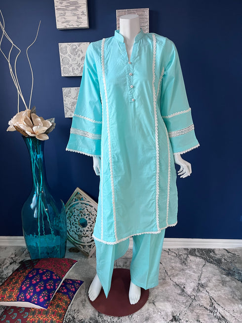 Ocean blue Lace detailing Kurti with pants