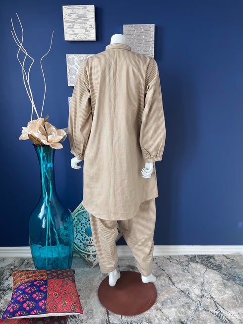Beige Stripes embroidered front kurti with Shalwar