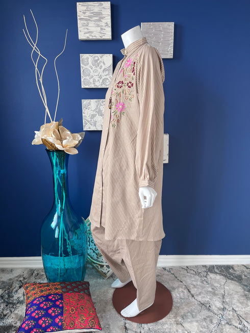 Beige Stripes embroidered front kurti with Shalwar
