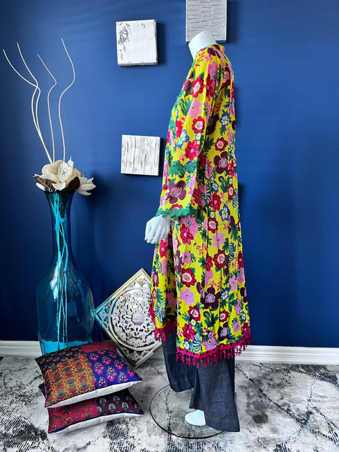 Yellow Printed Pishwaz style Kurti
