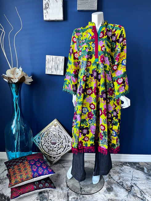 Yellow Printed Pishwaz style Kurti