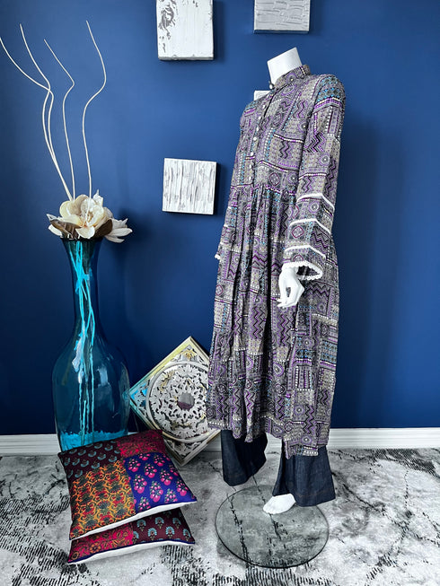 Blue Printed Pishwaz Kurti