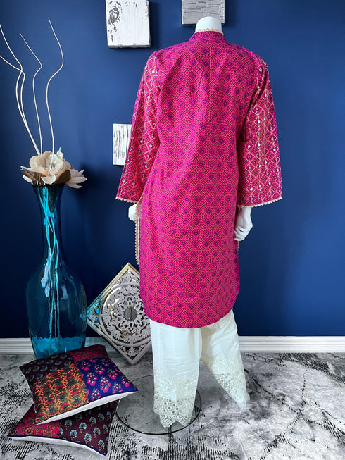 Hot Pink Mirror work A-line Kurti