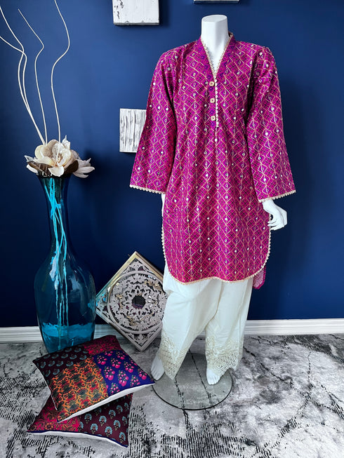 Hot Pink Mirror work A-line Kurti