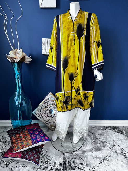 Yellow Printed A-line Kurti