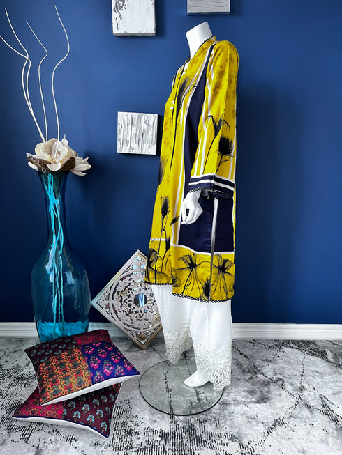 Yellow Printed A-line Kurti